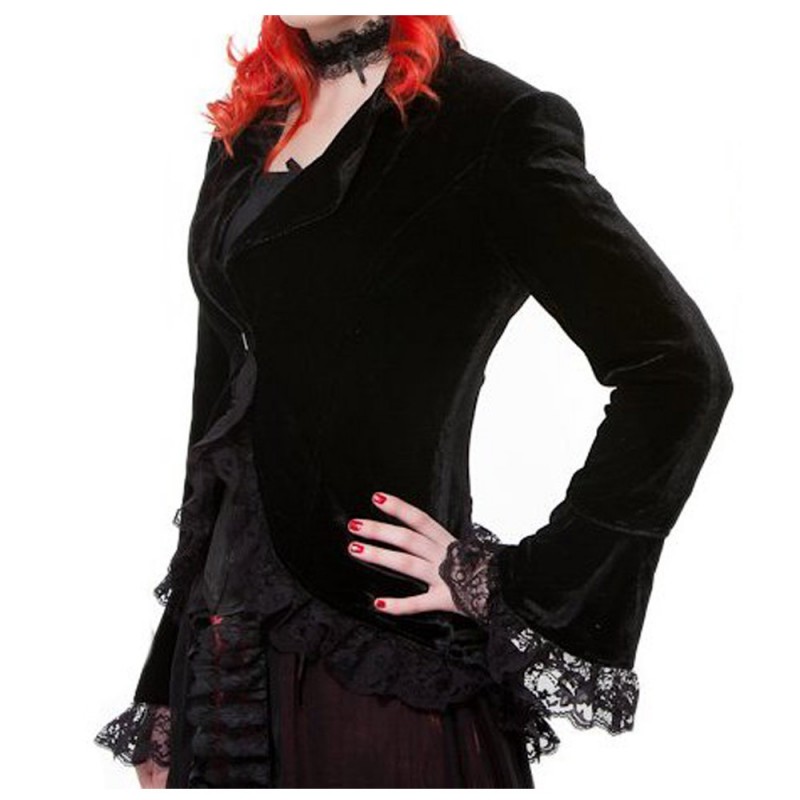 Women Gothic Corset Coat Lace Trim Velvet Jacket Fitted BLACK Retro Victorian Lolita Clothing